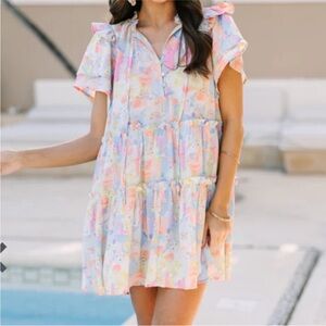 Entro NWOT Pastel Santorini Print Tiered Mini Dress Ruffle Sleeves Babydoll Med